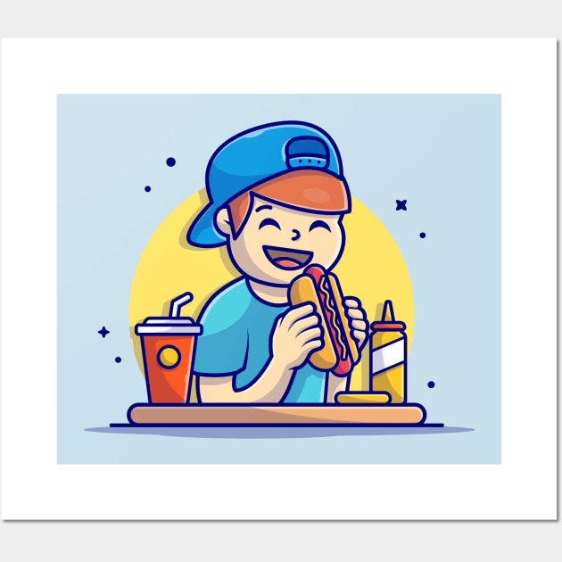 Happy Man Holding and Eating Hotdog with French Fries, Soda, and Mustard Cartoon Vector Icon Illustration Wall Art by Catalyst Labs